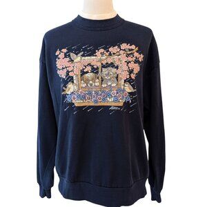 Vintage Morning Sun Unisex Size L Kitty Dog Cherry Blossoms Mock Sweatshirt Top